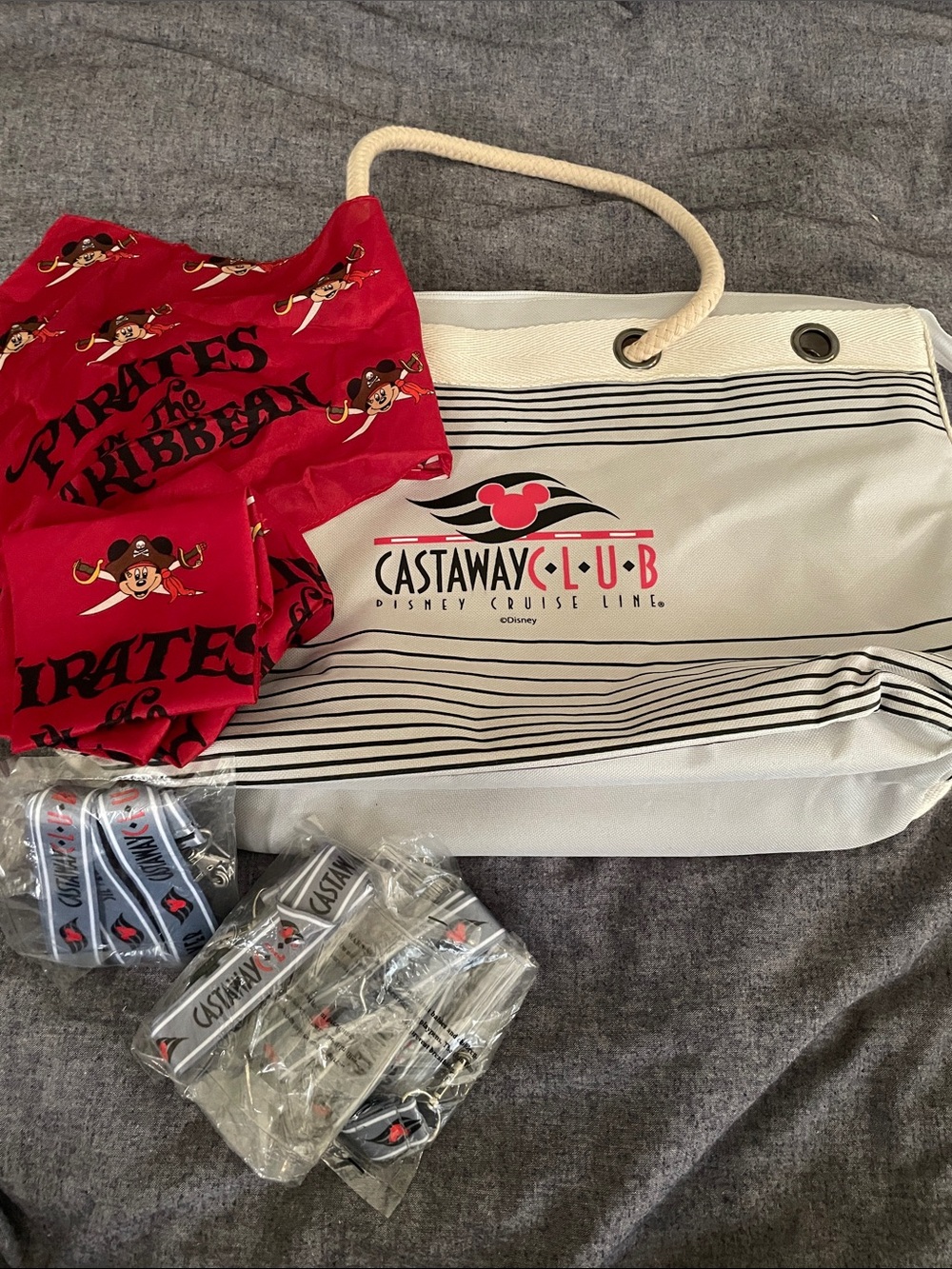 Disney Cruise Line Castaway Club Bag/4 Mickey Pirates Bandanas/4 Lanyards | EUC